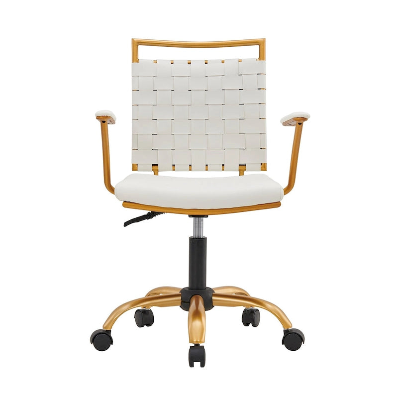 Sedia da ufficio girevole a mezza altezza in pelle vegana bianca/nera, struttura color oro, 1 persona