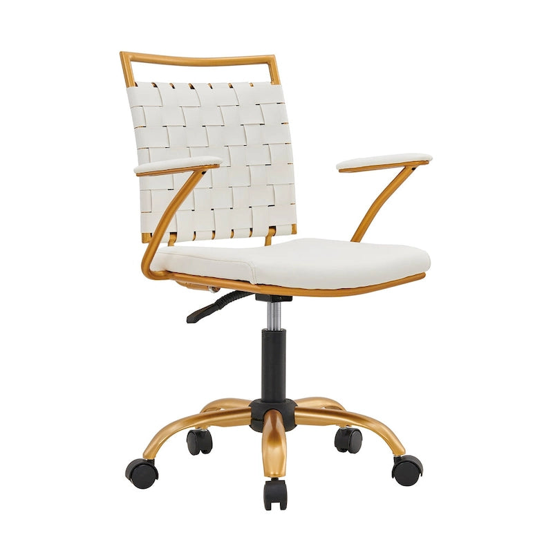 Sedia da ufficio girevole a mezza altezza in pelle vegana bianca/nera, struttura color oro, 1 persona