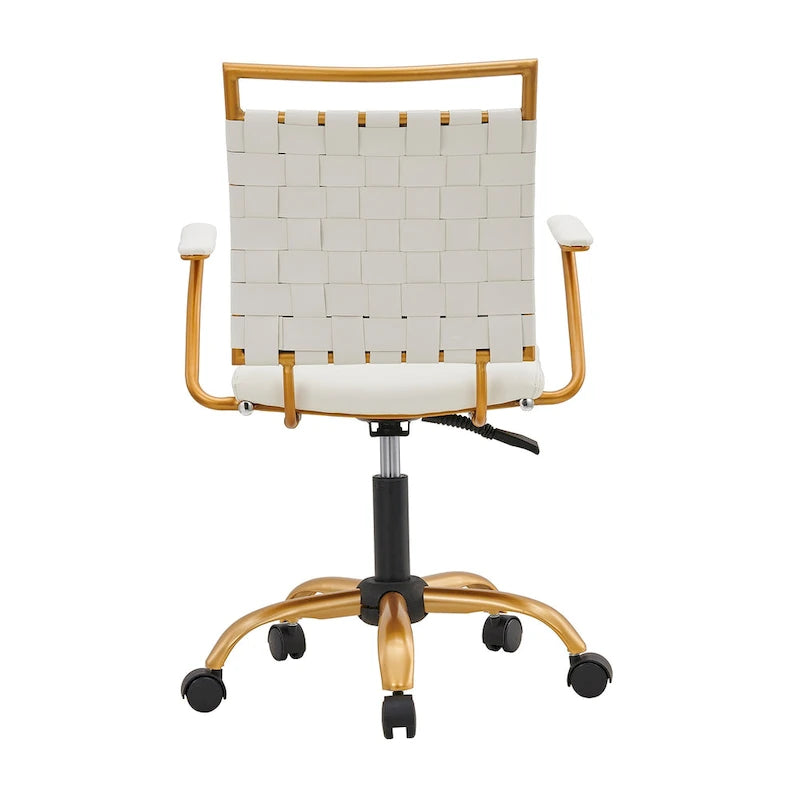 Sedia da ufficio girevole a mezza altezza in pelle vegana bianca/nera, struttura color oro, 1 persona