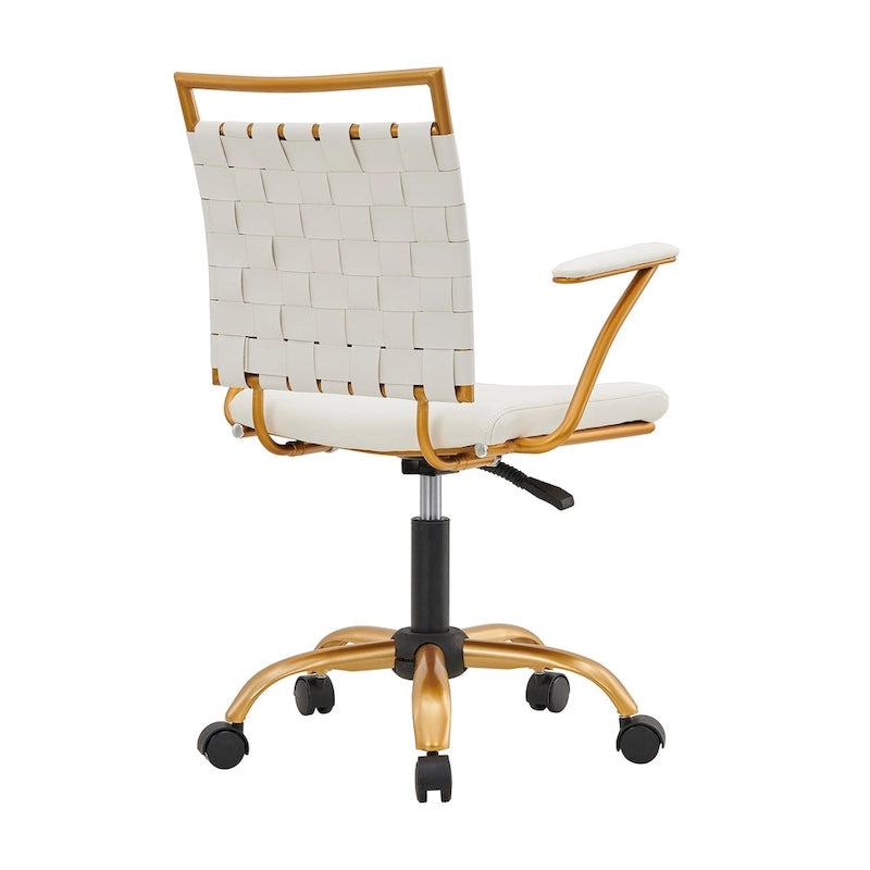 Sedia da ufficio girevole a mezza altezza in pelle vegana bianca/nera, struttura color oro, 1 persona