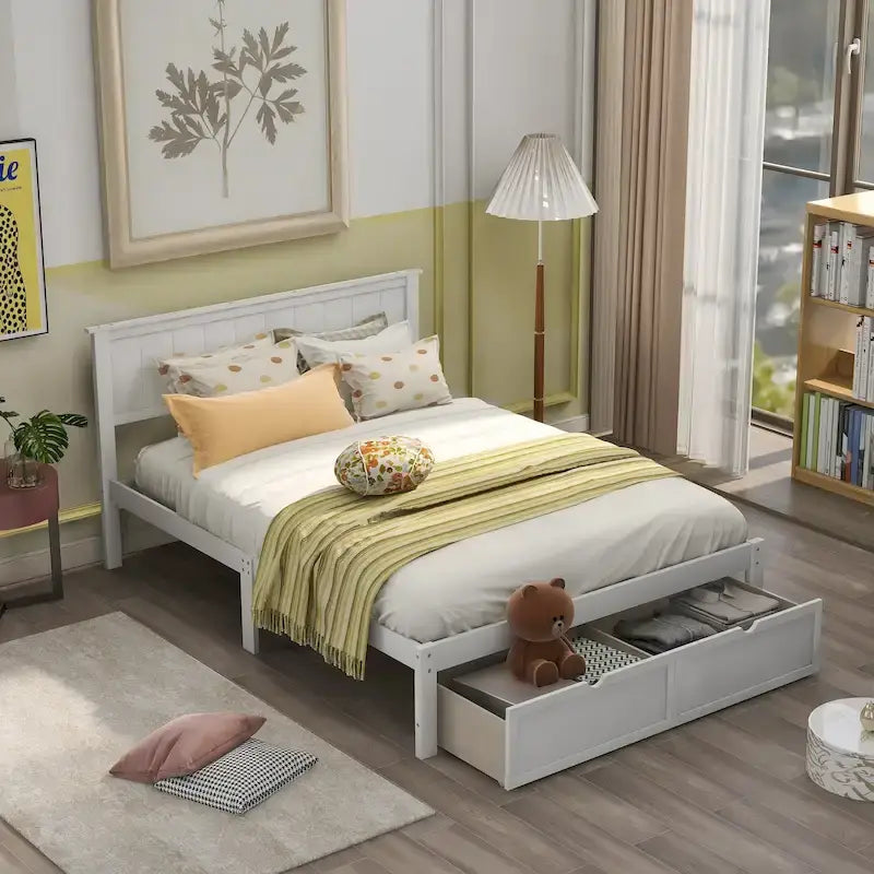 Letto a piattaforma basso grigio/bianco con 2 cassetti, matrimoniale, 1-2 persone