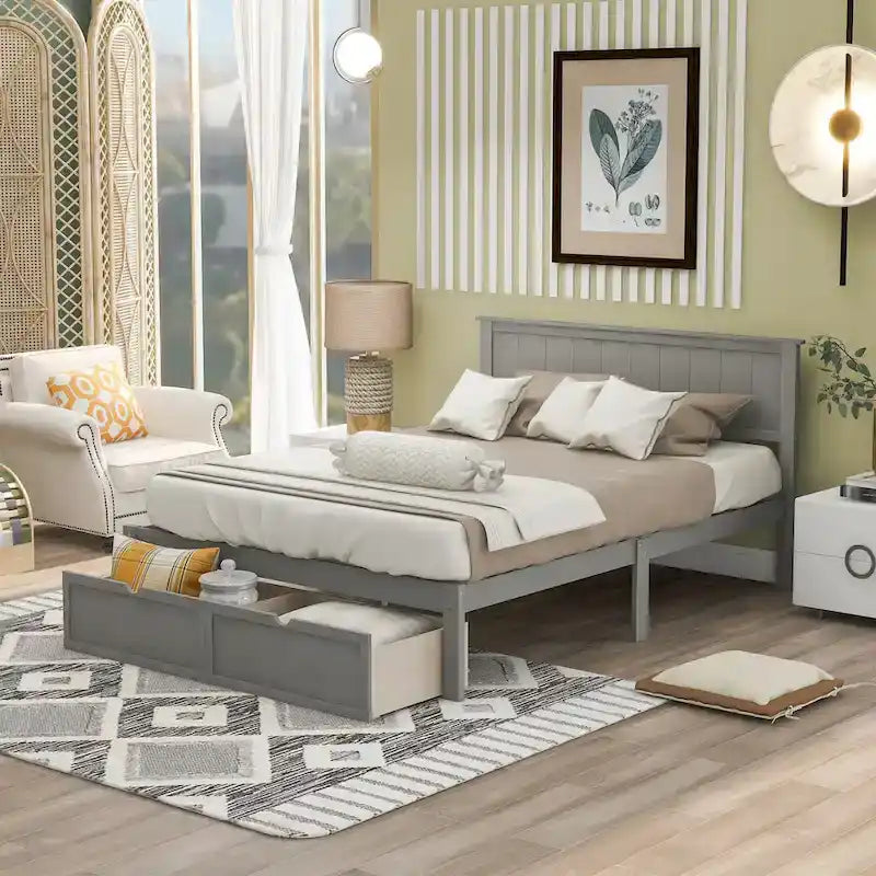 Letto a piattaforma basso grigio/bianco con 2 cassetti, matrimoniale, 1-2 persone
