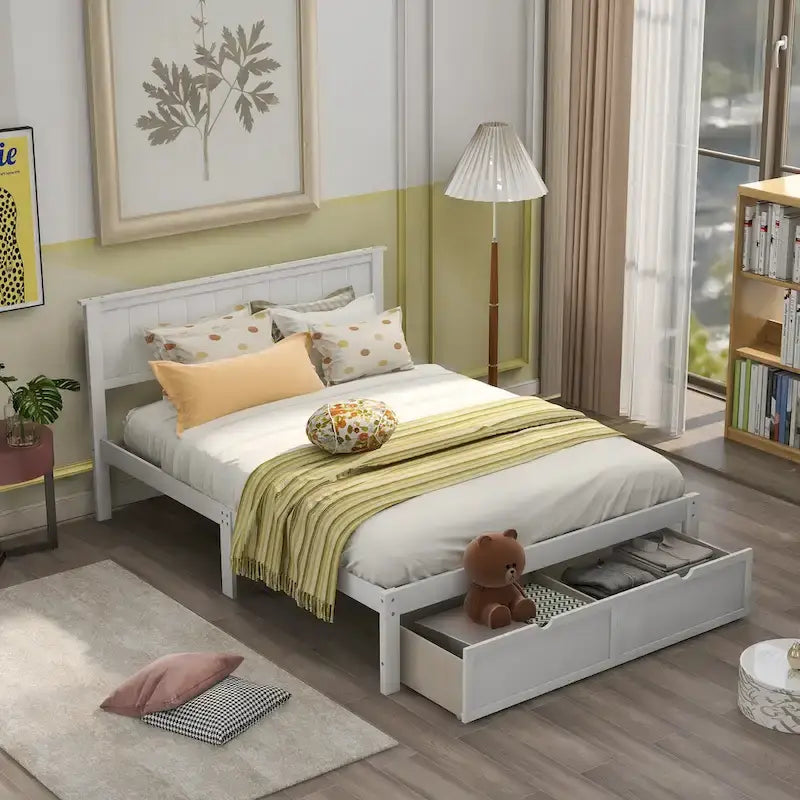 Letto a piattaforma basso grigio/bianco con 2 cassetti, matrimoniale, 1-2 persone