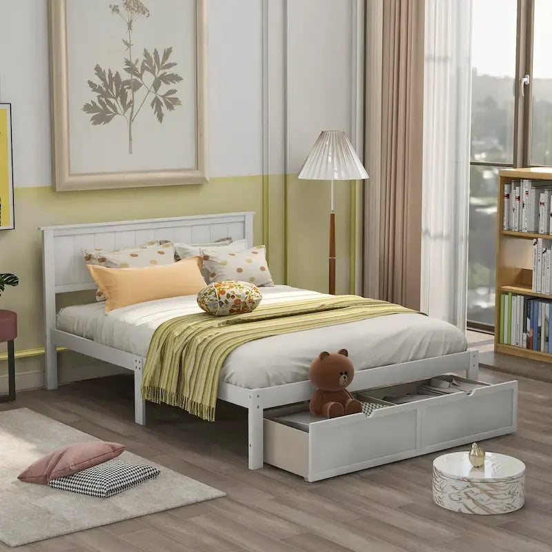 Letto a piattaforma basso grigio/bianco con 2 cassetti, matrimoniale, 1-2 persone