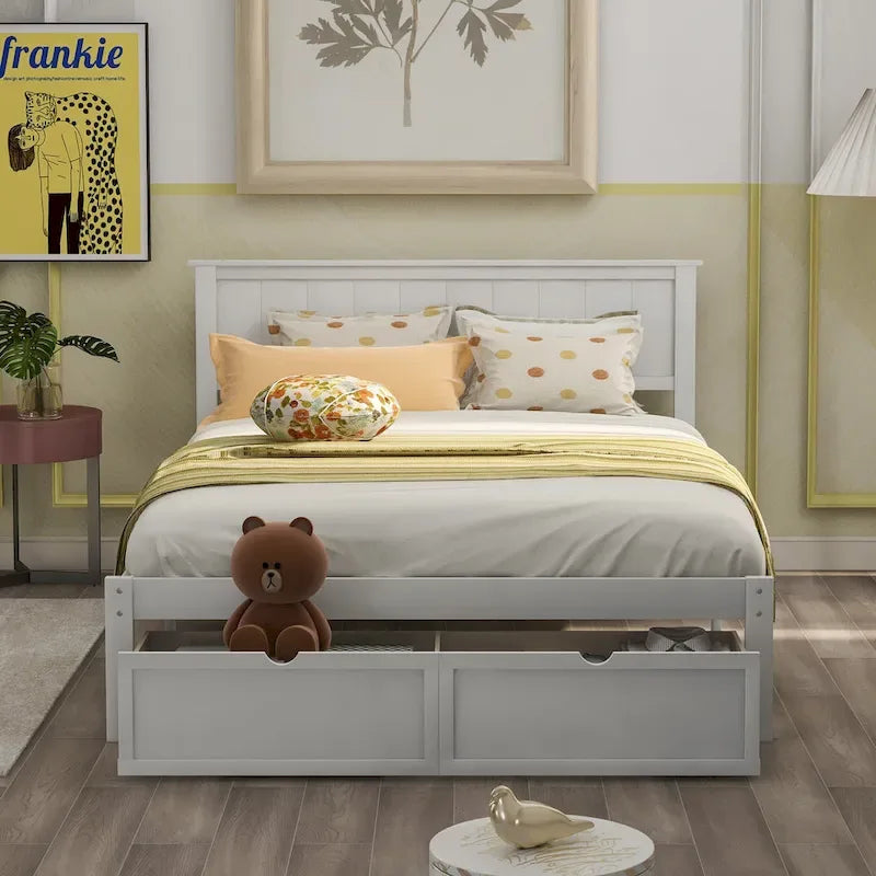 Letto a piattaforma basso grigio/bianco con 2 cassetti, matrimoniale, 1-2 persone