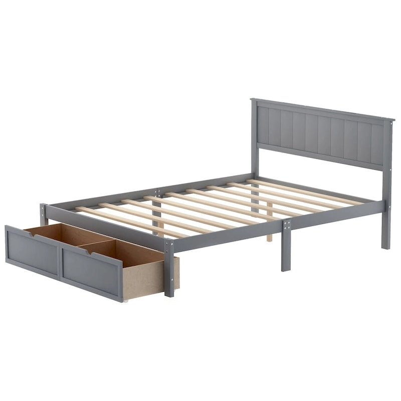 Letto a piattaforma basso grigio/bianco con 2 cassetti, matrimoniale, 1-2 persone