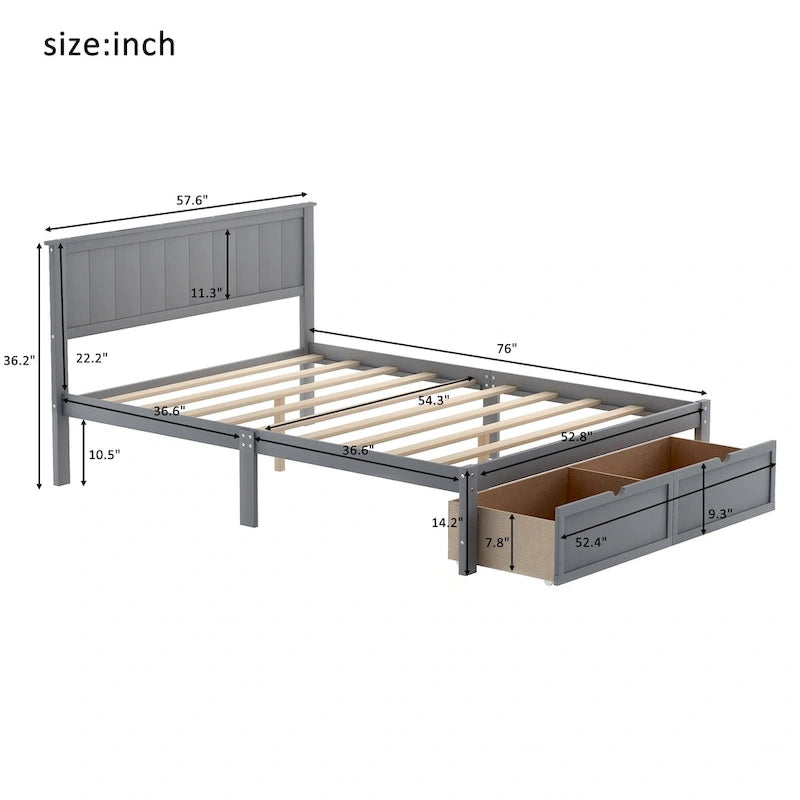 Letto a piattaforma basso grigio/bianco con 2 cassetti, matrimoniale, 1-2 persone