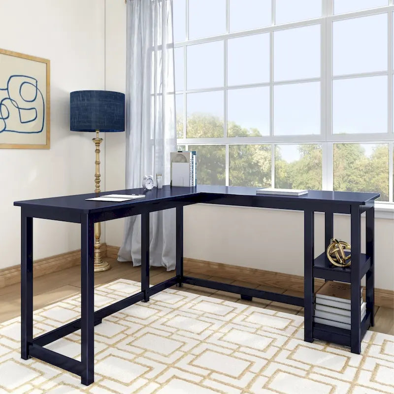 Scrivania ad angolo a L per 1 persona con ripiani, in espresso/blu/naturale/argilla/grigio/bianco