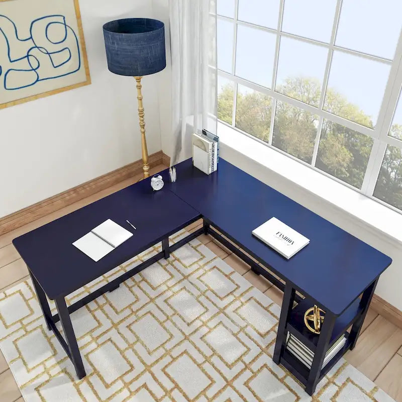 Scrivania ad angolo a L per 1 persona con ripiani, in espresso/blu/naturale/argilla/grigio/bianco