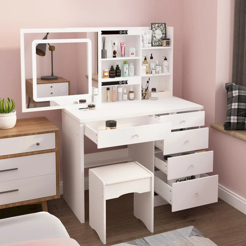 Set Tavolo da Trucco Bianco/Nero con Specchio LED a 3 Colori e Sgabello, 1 Persona