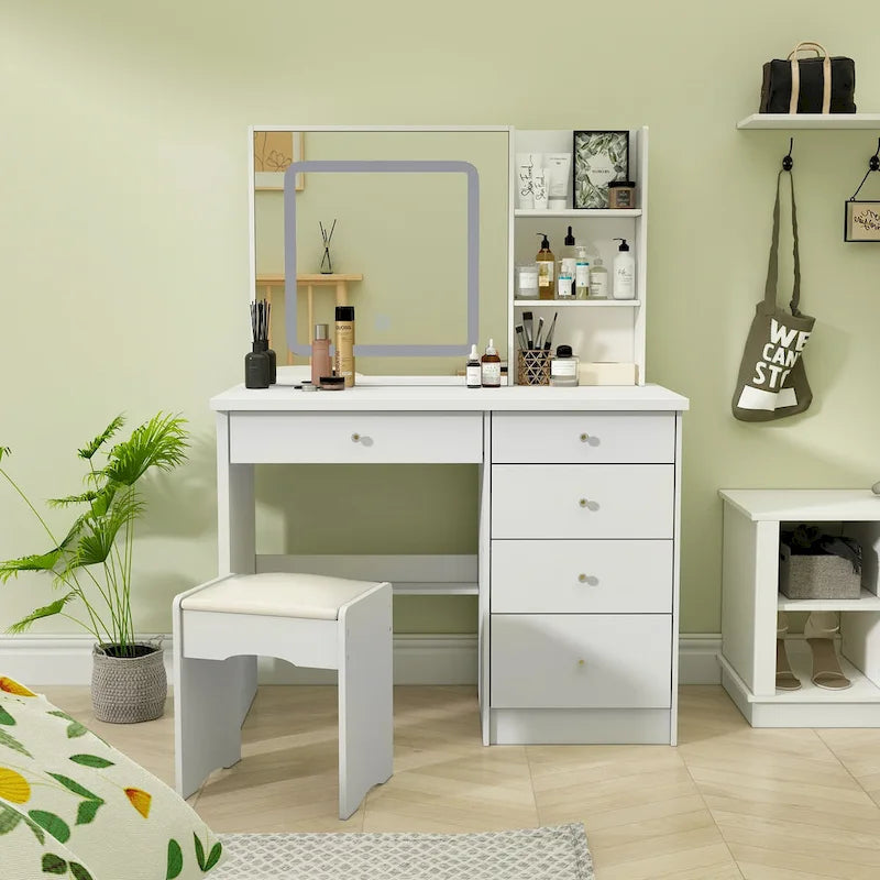 Set Tavolo da Trucco Bianco/Nero con Specchio LED a 3 Colori e Sgabello, 1 Persona