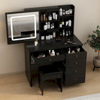 Set Tavolo da Trucco Bianco/Nero con Specchio LED a 3 Colori e Sgabello, 1 Persona