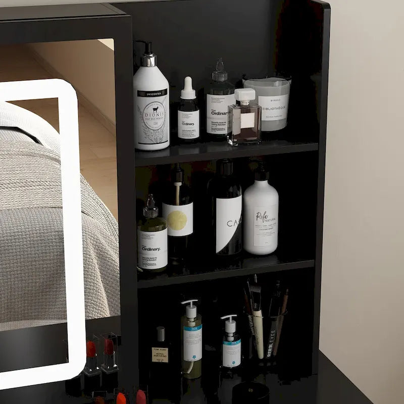 Set Tavolo da Trucco Bianco/Nero con Specchio LED a 3 Colori e Sgabello, 1 Persona