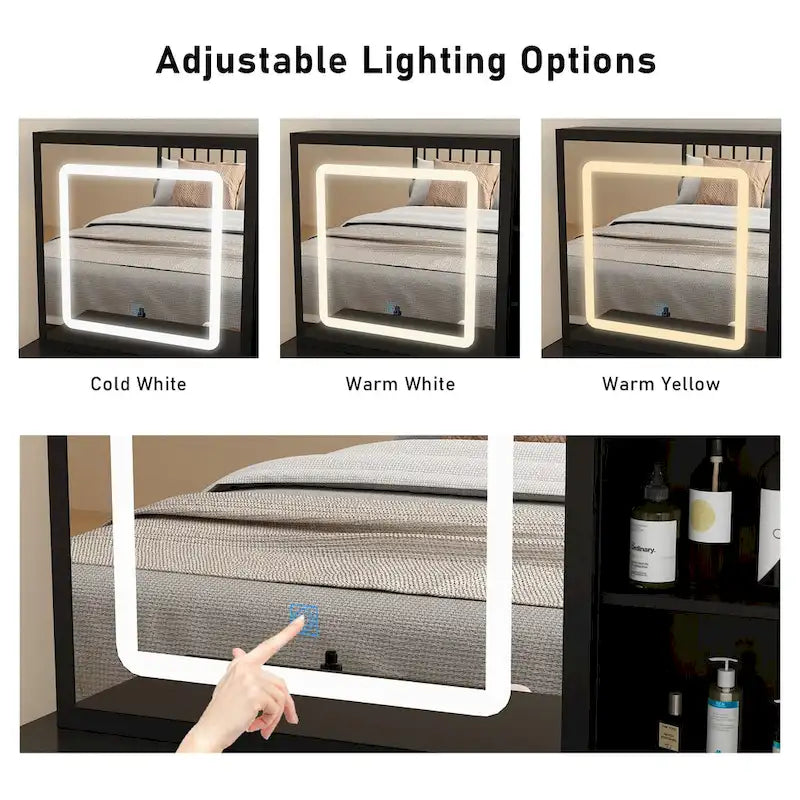 Set Tavolo da Trucco Bianco/Nero con Specchio LED a 3 Colori e Sgabello, 1 Persona
