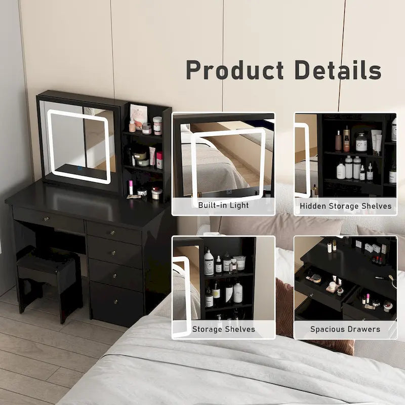 Set Tavolo da Trucco Bianco/Nero con Specchio LED a 3 Colori e Sgabello, 1 Persona