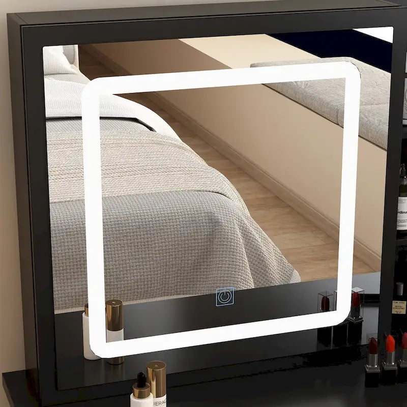 Set Tavolo da Trucco Bianco/Nero con Specchio LED a 3 Colori e Sgabello, 1 Persona