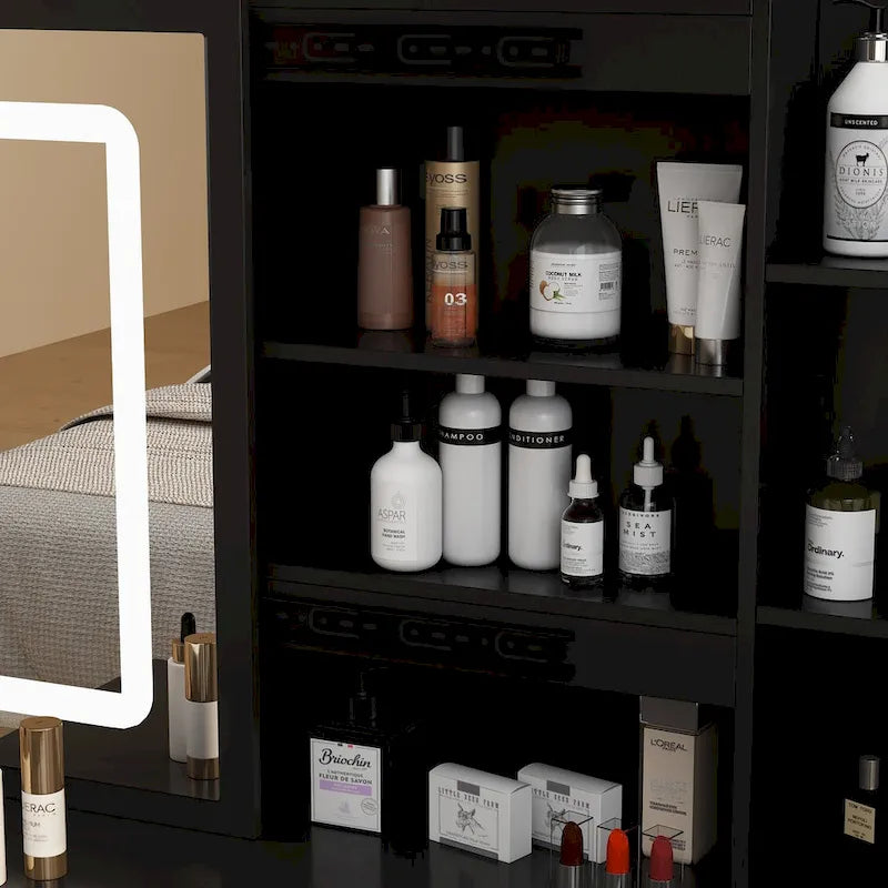 Set Tavolo da Trucco Bianco/Nero con Specchio LED a 3 Colori e Sgabello, 1 Persona