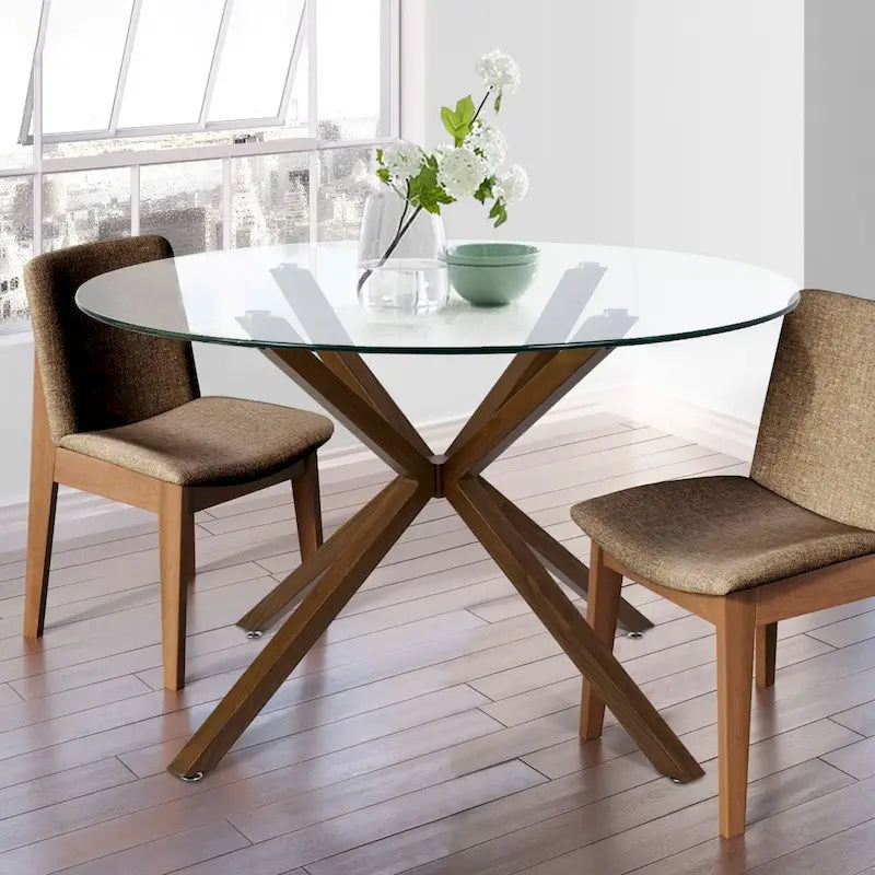 Tavolo da pranzo rotondo Mid-Century in noce e vetro, 4 posti a sedere