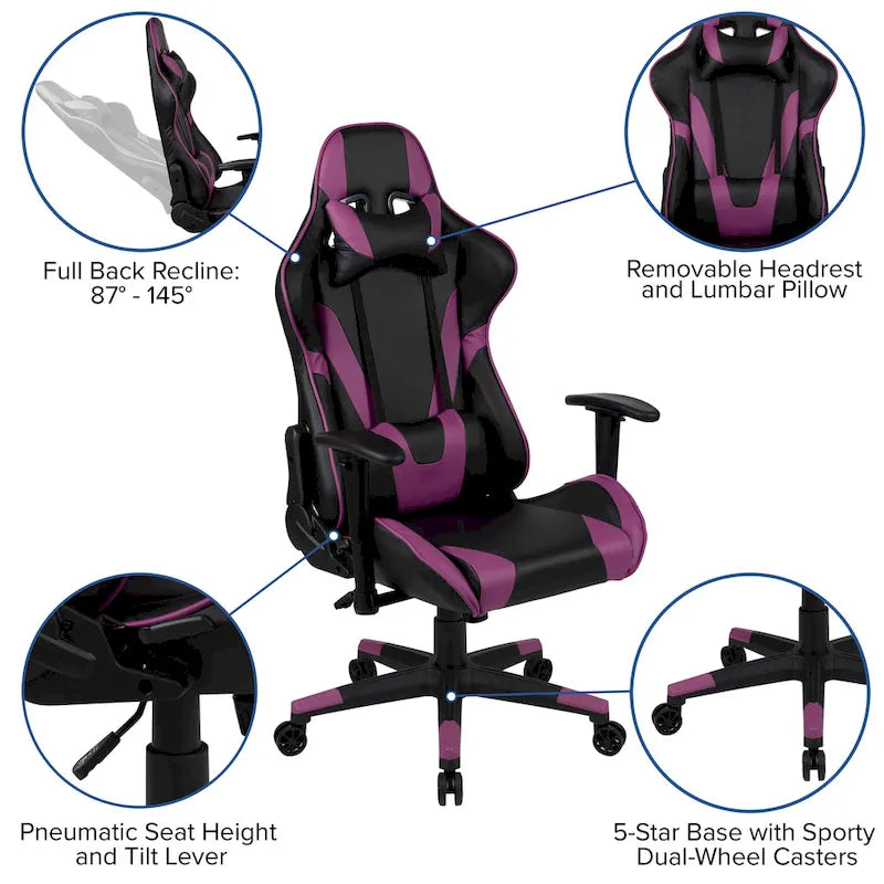 Sedia da gaming reclinabile con schienale alto Rossa / Nera / Grigia / Blu / Viola, sedile singolo