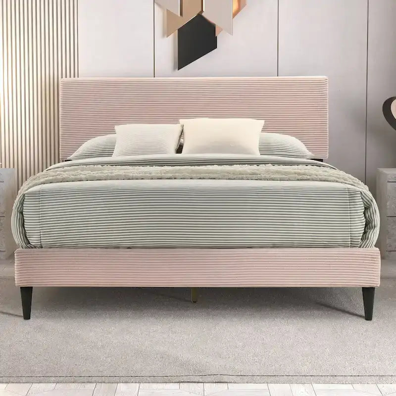 Letto a piattaforma Queen rosa/crema/grigio con testiera imbottita, per 1-2 persone