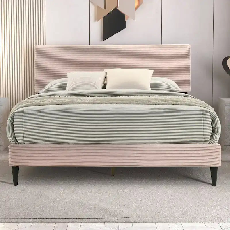 Letto a piattaforma Queen rosa/crema/grigio con testiera imbottita, per 1-2 persone