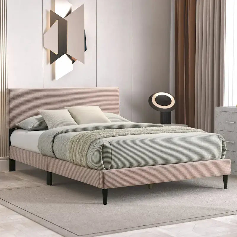 Letto a piattaforma Queen rosa/crema/grigio con testiera imbottita, per 1-2 persone