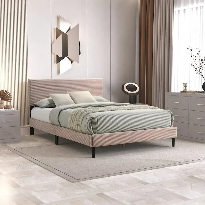 Letto a piattaforma Queen rosa/crema/grigio con testiera imbottita, per 1-2 persone