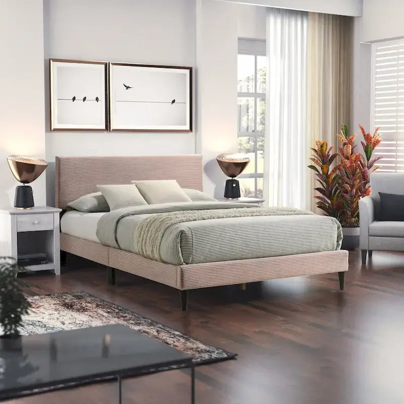 Letto a piattaforma Queen rosa/crema/grigio con testiera imbottita, per 1-2 persone