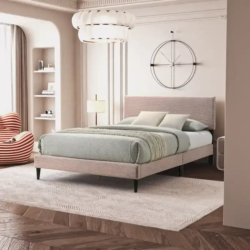 Letto a piattaforma Queen rosa/crema/grigio con testiera imbottita, per 1-2 persone