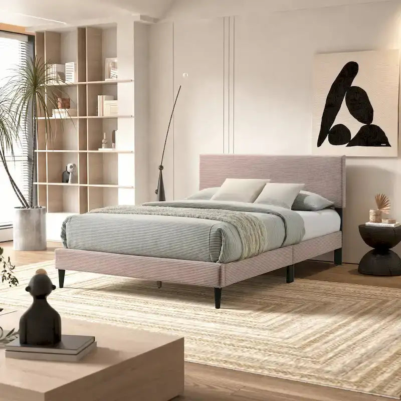 Letto a piattaforma Queen rosa/crema/grigio con testiera imbottita, per 1-2 persone