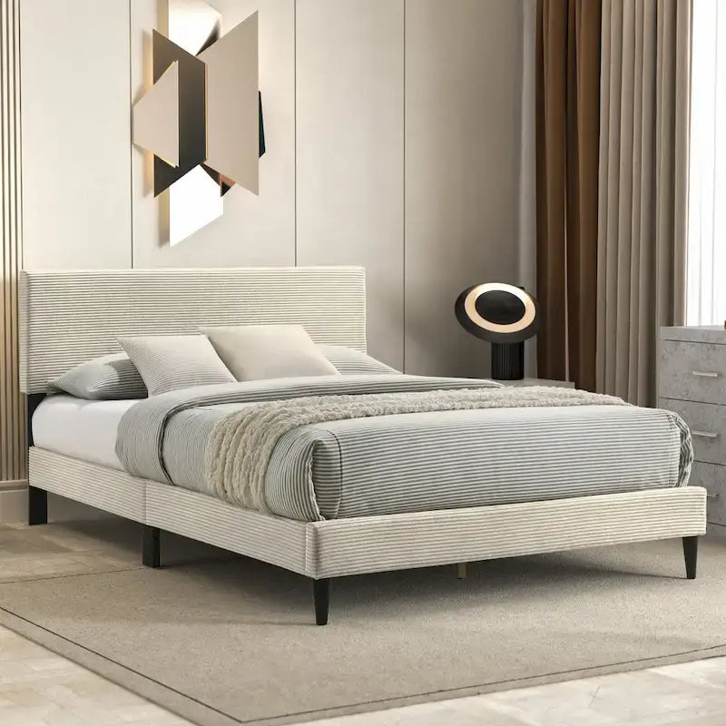 Letto a piattaforma Queen rosa/crema/grigio con testiera imbottita, per 1-2 persone