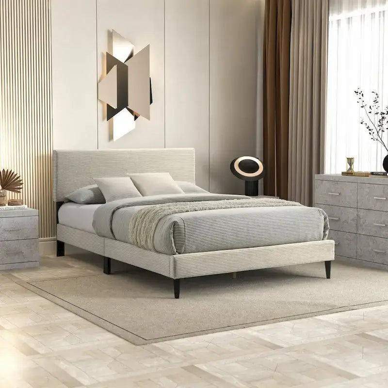 Letto a piattaforma Queen rosa/crema/grigio con testiera imbottita, per 1-2 persone