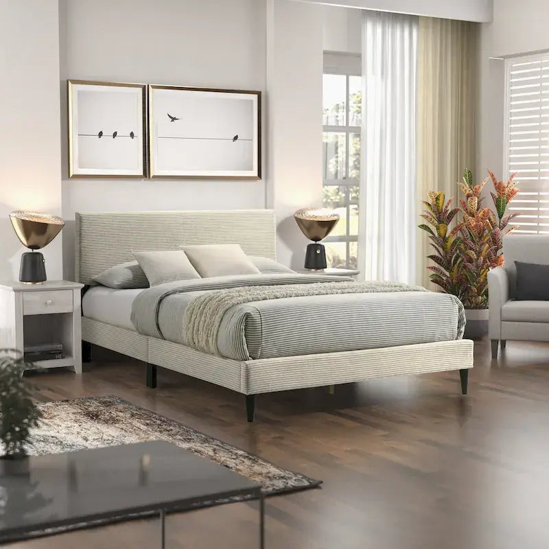 Letto a piattaforma Queen rosa/crema/grigio con testiera imbottita, per 1-2 persone