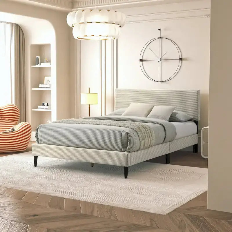 Letto a piattaforma Queen rosa/crema/grigio con testiera imbottita, per 1-2 persone