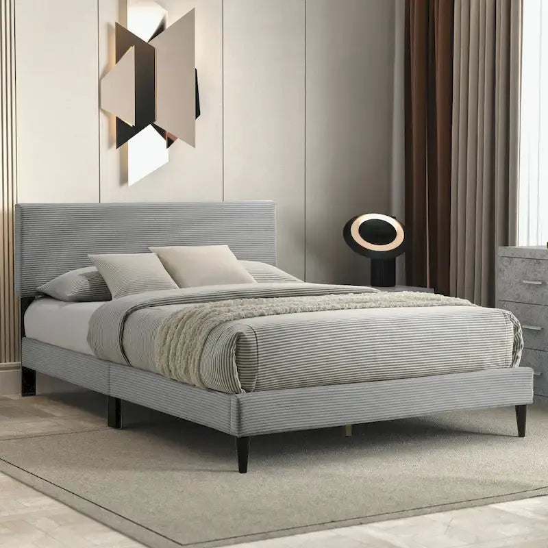 Letto a piattaforma Queen rosa/crema/grigio con testiera imbottita, per 1-2 persone