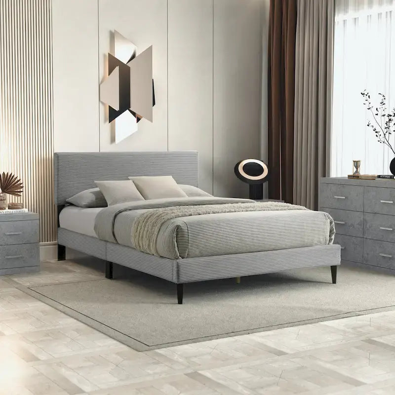Letto a piattaforma Queen rosa/crema/grigio con testiera imbottita, per 1-2 persone