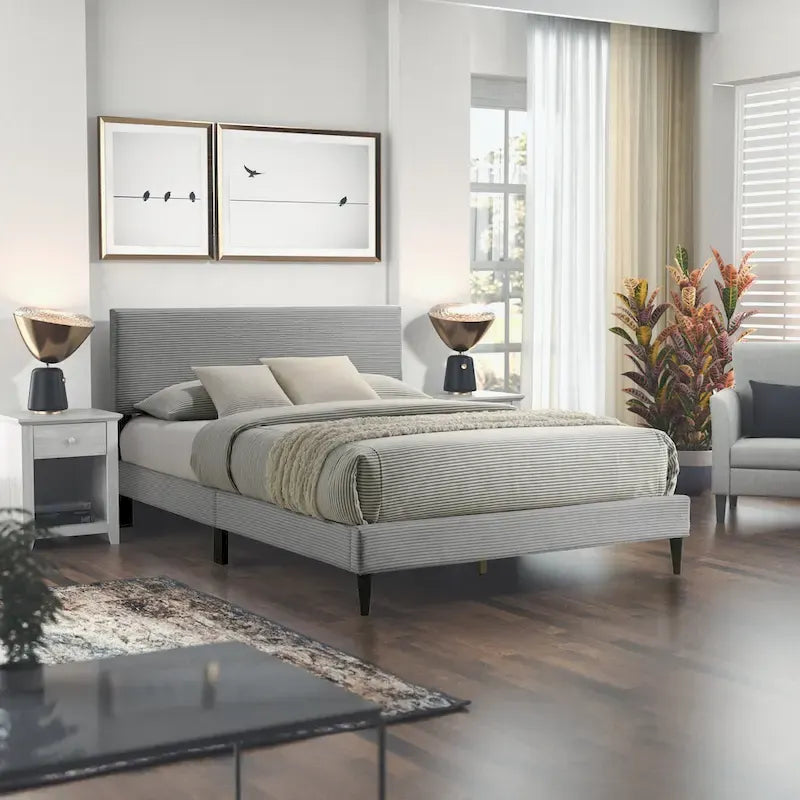 Letto a piattaforma Queen rosa/crema/grigio con testiera imbottita, per 1-2 persone