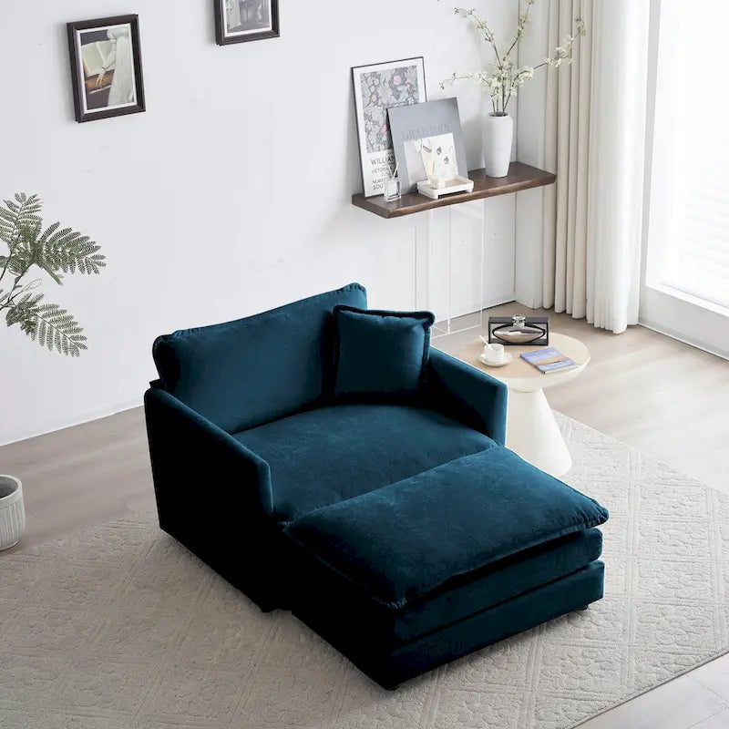 Poltrona in ciniglia blu con poggiapiedi, poltrona singola, per soggiorno / camera da letto