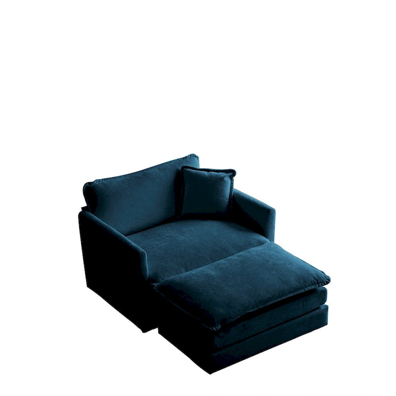 Poltrona in ciniglia blu con poggiapiedi, poltrona singola, per soggiorno / camera da letto