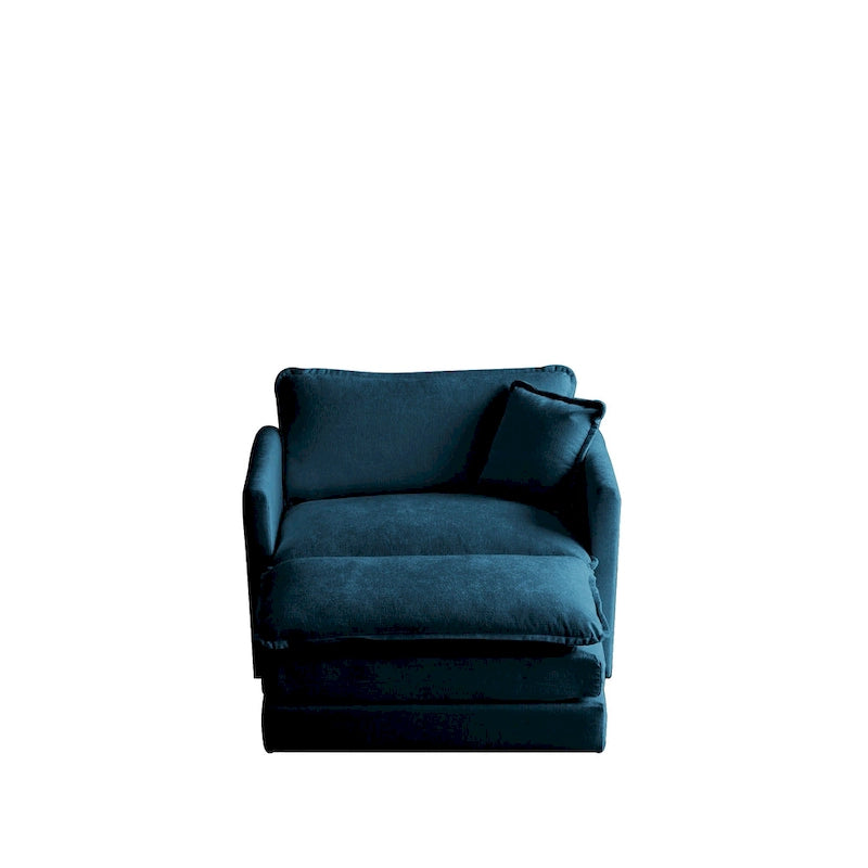 Poltrona in ciniglia blu con poggiapiedi, poltrona singola, per soggiorno / camera da letto