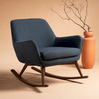 Sedia a dondolo mid-century per 1 persona - Lino e legno di pino – Grigio chiaro / Avena / Blu navy