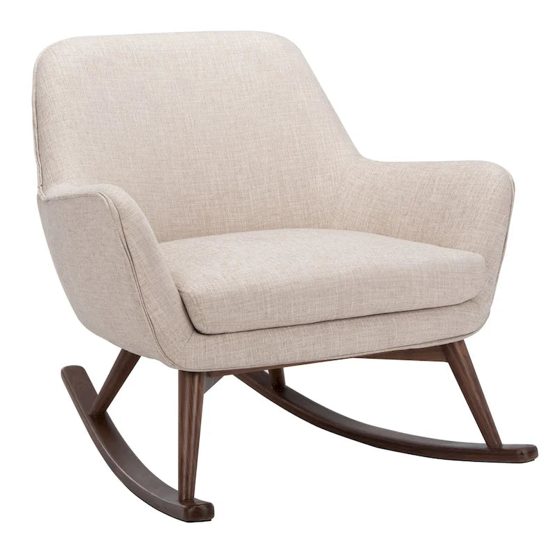 Sedia a dondolo mid-century per 1 persona - Lino e legno di pino – Grigio chiaro / Avena / Blu navy
