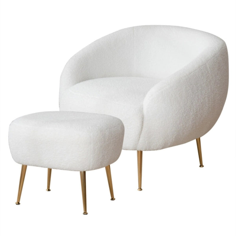 Poltrona a botte in velluto Teddy bianco con pouf, 2 posti
