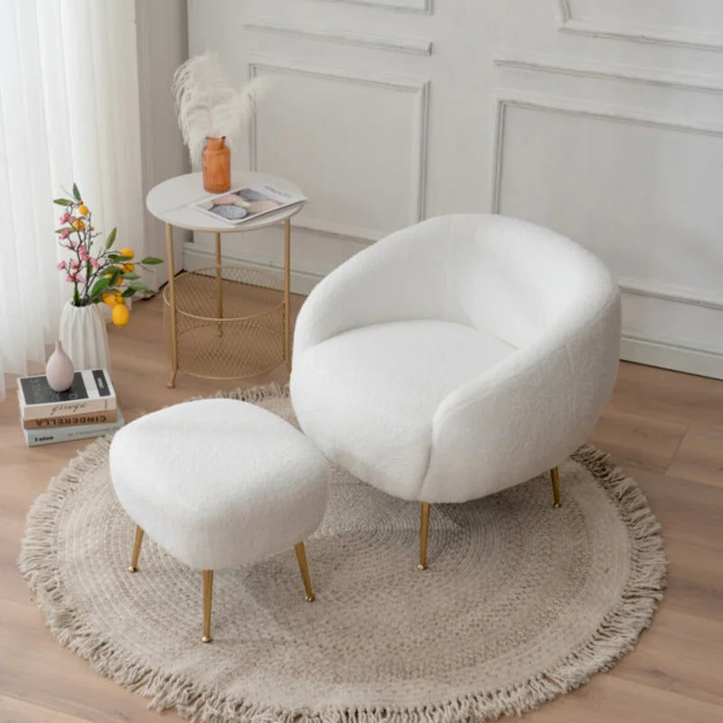 Poltrona a botte in velluto Teddy bianco con pouf, 2 posti