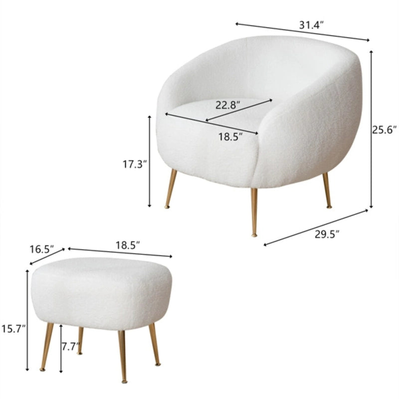 Poltrona a botte in velluto Teddy bianco con pouf, 2 posti