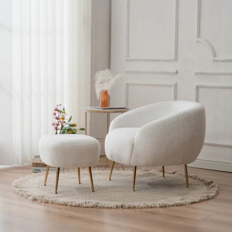 Poltrona a botte in velluto Teddy bianco con pouf, 2 posti