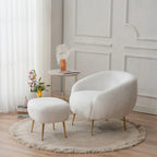 Poltrona a botte in velluto Teddy bianco con pouf, 2 posti