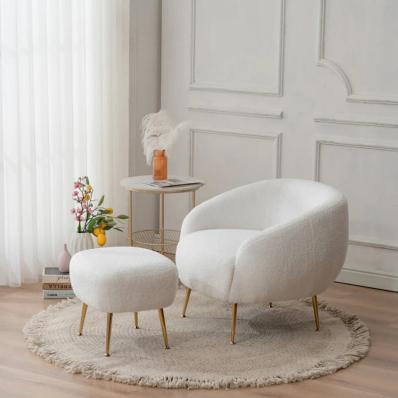 Poltrona a botte in velluto Teddy bianco con pouf, 2 posti