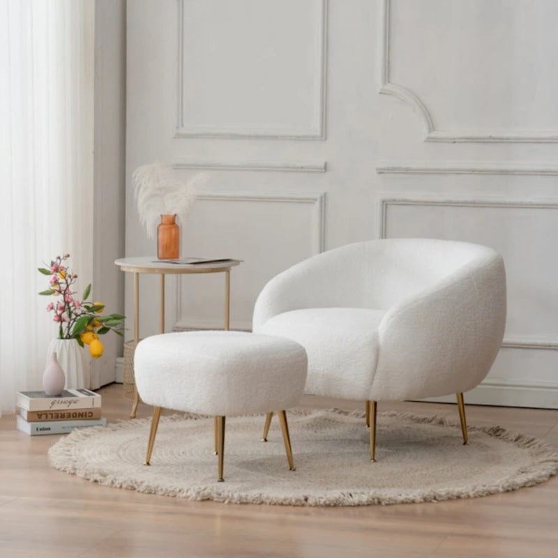 Poltrona a botte in velluto Teddy bianco con pouf, 2 posti