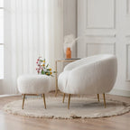 Poltrona a botte in velluto Teddy bianco con pouf, 2 posti